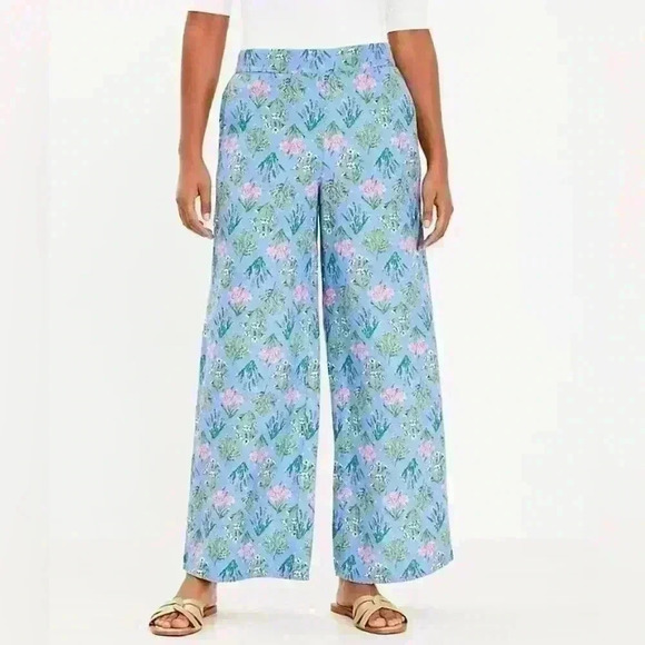LOFT Wide Leg Linen Pull on Pant, Bouquet Floral Blue Print Excellent Condition - Picture 1 of 6
